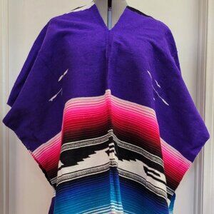 VTG Mexican Colorful Southwest Poncho Serape Reversible Fringed Pull-over No Tag